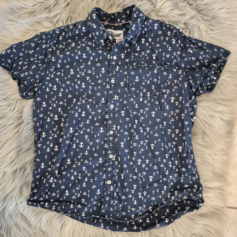 Plugg Blue Short Sleeve Button Down Nautical Anchor Top Size Medium